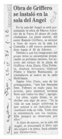 Obra de Griffero se instaló en la sala del Angel  [artículo].