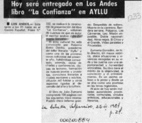 Hoy será entregado en Los Andes libro "La confianza" en AYLLU  [artículo].