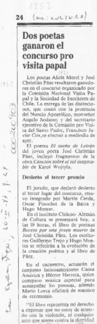 Dos poetas ganaron el concurso pro visita papal  [artículo].