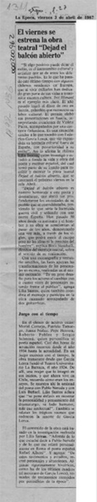 El Viernes se estrena la obra teatral "Dejad el balcón abierto"  [artículo].