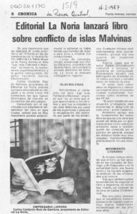 Editorial La Noria lanzará libro sobre conflicto de islas Malvinas  [artículo].