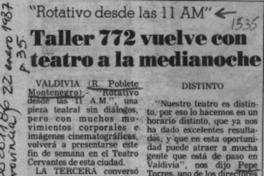 Taller 772 vuelve con teatro a la medianoche  [artículo] R. Poblete Montenegro.