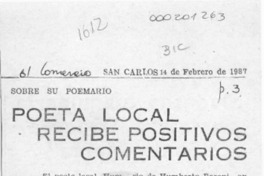 Poeta local recibe positivos comentarios  [artículo].