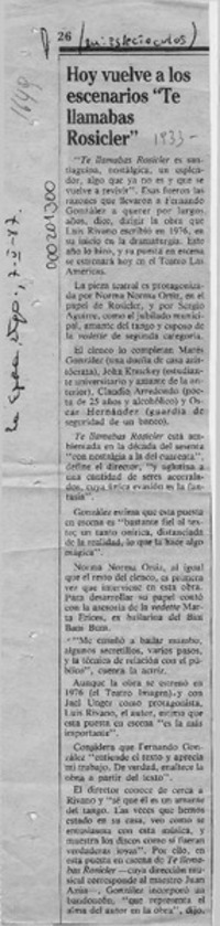 Hoy vuelve a los escenarios "Te llamabas Rosicler"  [artículo].