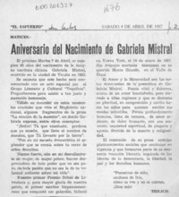Aniversario del nacimiento de Gabriela Mistral  [artículo] Trilico.