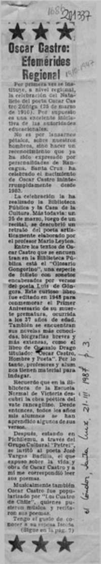 Oscar Castro, efemérides regional  [artículo] Jaime Vásquez A.