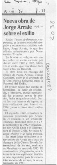 Nueva obra de Jorge Arrate sobre el exilio  [artículo].