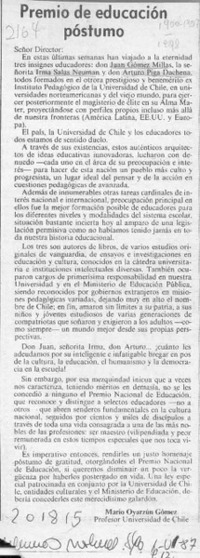 Premio de educación póstumo  [artículo] Mario Oyarzún Gómez.