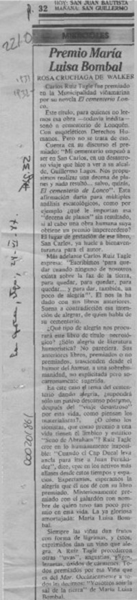 Premio María Luisa Bombal  [artículo] Rosa Cruchaga de Walker.