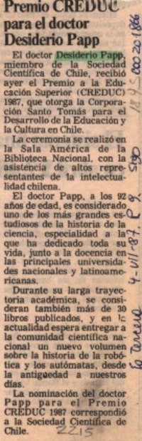 Premio CREDUC para el doctor Desiderio Papp  [artículo].