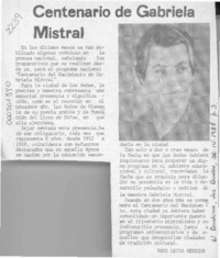 Centenario de Gabriela Mistral  [artículo] René Leiva Berríos.