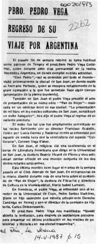 Pbro. Pedro Vega regresó de su viaje por Argentina  [artículo].