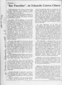 "Bar Paradise", de Eduardo Correa Olmos  [artículo] León Santoro Funes.