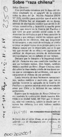 Sobre "Raza chilena"  [artículo] Fernando Rivas González.