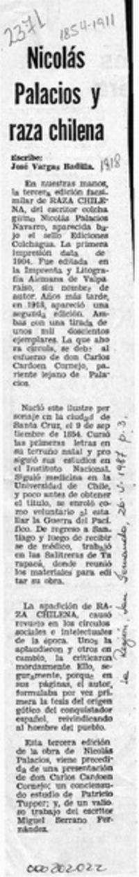 Nicolás Palacios y "Raza chilena"  [artículo]José Vargas Badilla.