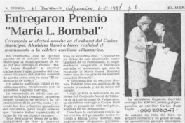 Entregaron Premio "María L. Bombal"  [artículo].