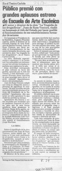 Público premió con grandes aplausos estreno de Escuela de Arte Escénico  [artículo].