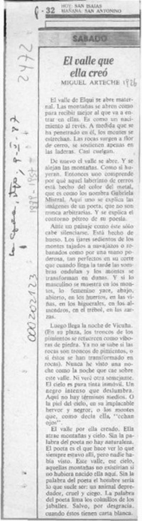 El valle que ella creó  [artículo] Miguel Arteche.