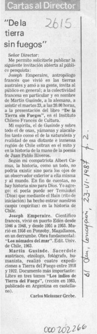 "De la tierra sin fuegos"  [artículo] Carlos Meissner Grebe.