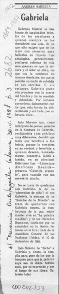 Gabriela  [artículo] Andrés Sabella.