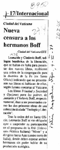 Nueva censura a los hermanos Boff  [artículo].