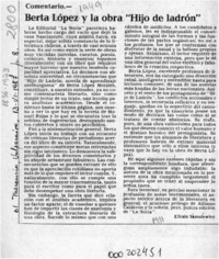 Berta López y la obra "Hijo de ladrón"  [artículo] Efraín Szmulewicz.