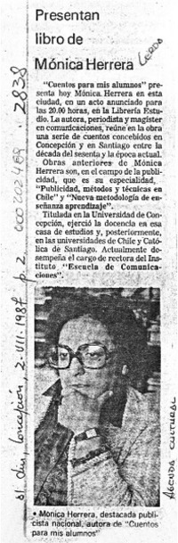 Presentan libro de Mónica Herrera  [artículo].