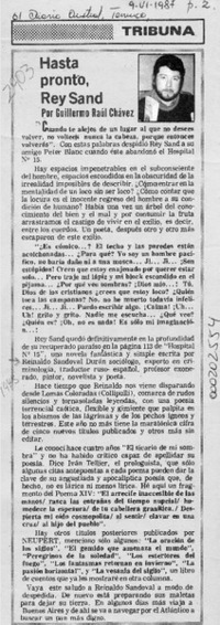 Hasta pronto, Rey Sand  [artículo] Guillermo Raúl Chávez.