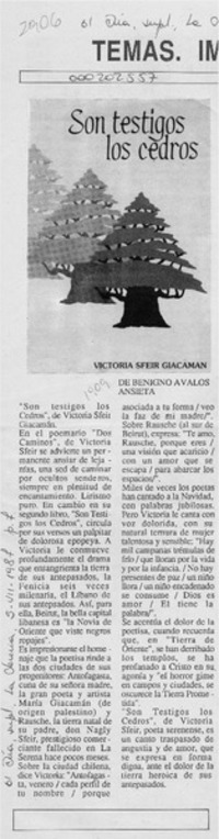 Son testigos los cedros  [artículo] Benigno Avalos Ansieta.