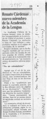 Renato Cárdenas nuevo miembro de la Academia de la Lengua  [artículo].