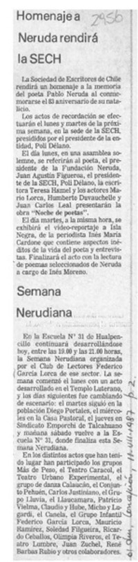 Homenaje a Neruda rendirá la SECH  [artículo].