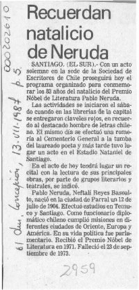 Recuerdan natalicio de Neruda  [artículo].