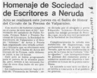 Homenaje de Sociedad de Escritores a Neruda  [artículo].