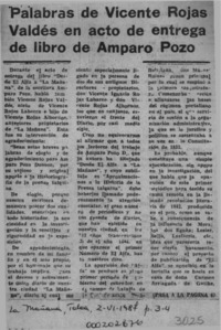 Palabras de Vicente Rojas Valdés en acto de entrega de libro de Amparo Pozo  [artículo] Vicente Rojas Valdés.