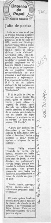 Julio de poetas  [artículo] Andrés Sabella.
