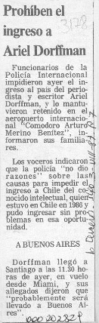 Prohíben el ingreso a Ariel Dorfman  [artículo].
