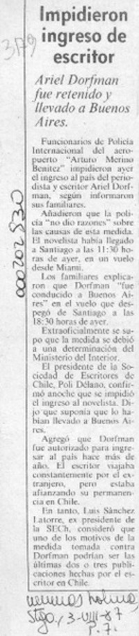 Impidieron ingreso de escritor  [artículo].