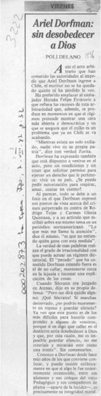 Ariel Dorfman, sin desobedecer a Dios  [artículo] Poli Délano.
