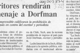 Escritores rendirán homenaje a Dorfman  [artículo].