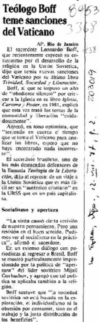 Teólogo Boff teme sanciones del Vaticano  [artículo].
