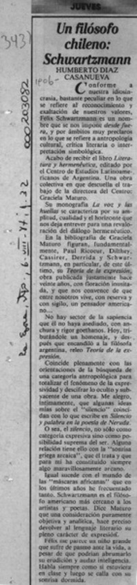 Un filósofo chileno, Schwartzmann  [artículo] Humberto Díaz Casanueva.