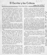 El escritor y los críticos  [artículo] Antonio Rojas Gómez.