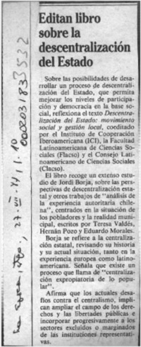 Editan libro sobre la descentralización del Estado  [artículo].