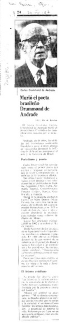 Murió el poeta brasileño Drummond de Andrade  [artículo].