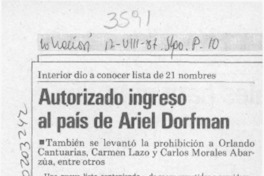 Autorizado ingreso al país de Ariel Dorfman  [artículo].