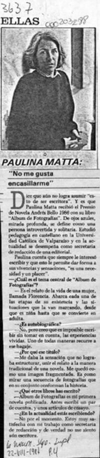 Paulina Matta, "No me gusta encasillarme"  [artículo].