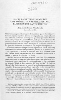 Hacia la determinación del arte poética de Gabriela Mistral, el origen del canto poético  [artículo] Ana María Cuneo Macchiavello.