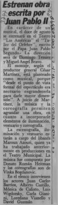 Estrenan obra escrita por Juan Pablo II  [artículo].