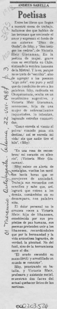 Poetisas  [artículo] Andrés Sabella.