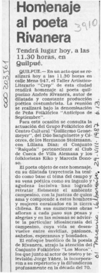 Homenaje al poeta Rivanera  [artículo].